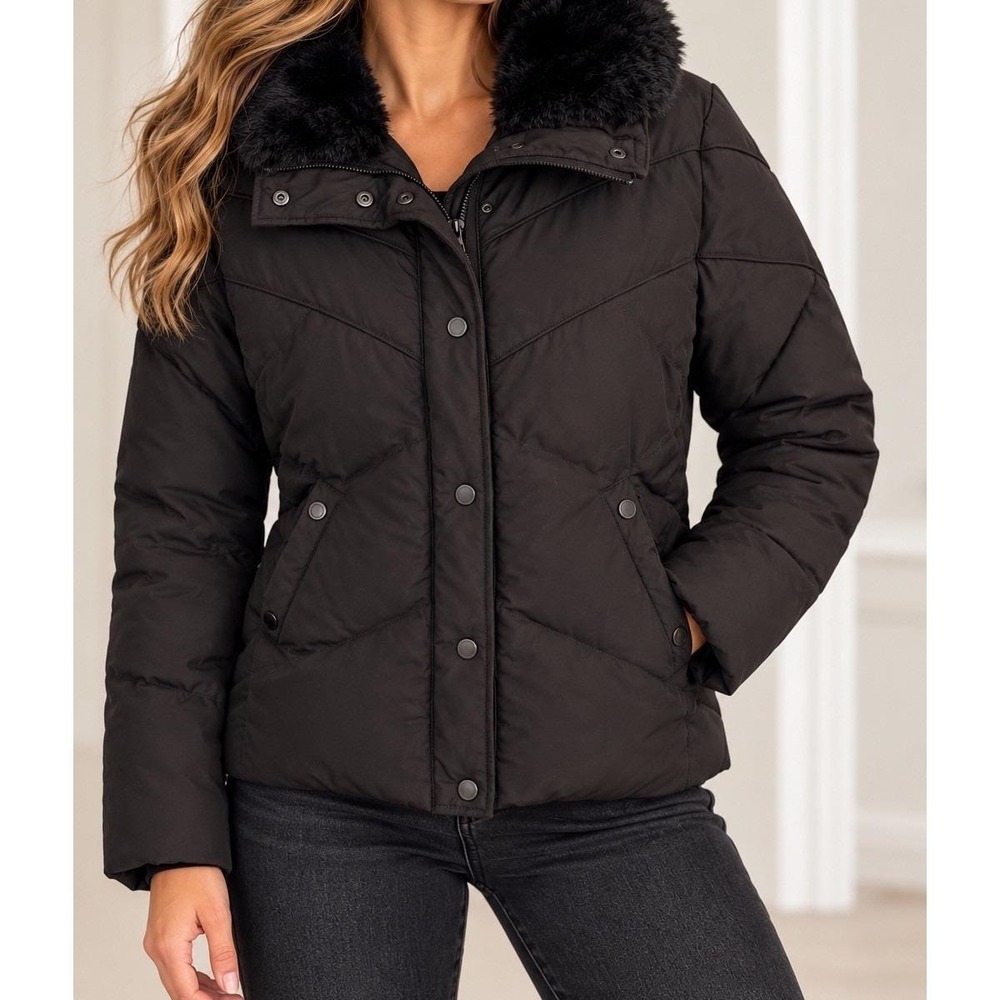 Calvin Klein Womens Quilted Down Puffer Jacket Faux Fur Trim Size L Black Winter